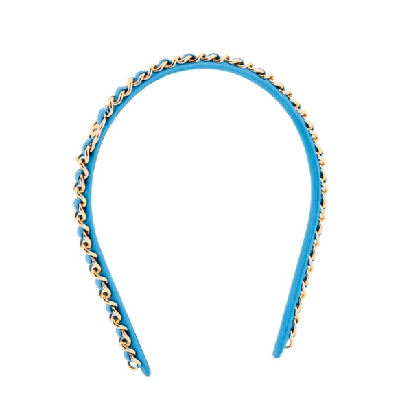 NWT Authentic Chanel 22S Blue Leather/Gold Chain CC Logo Headband Hair Accessory - Picture 5 of 15